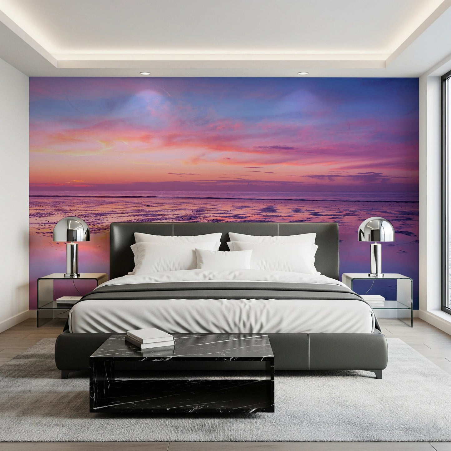 Bedroom interior enhanced by Sunrise at Beach Wall Mural with gentle dawn hues, GD8626