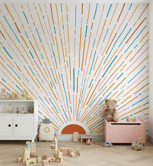 Cheerful dashed ray wall mural brightening a nursery space.