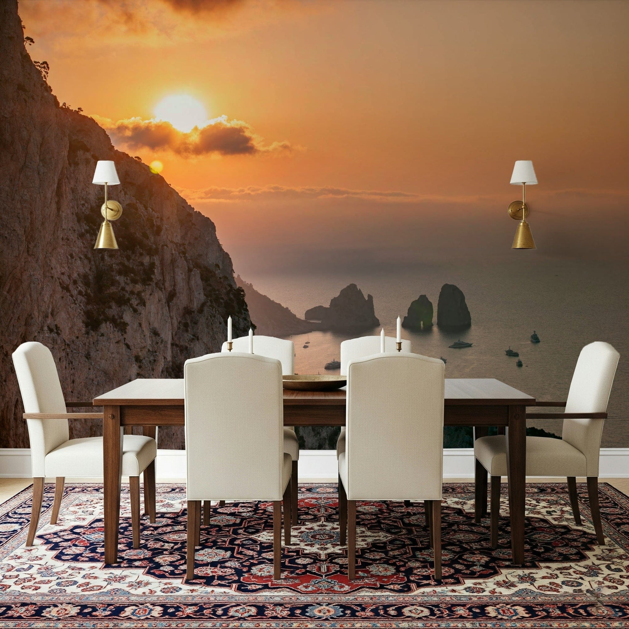 Sunrise Cliffs wall mural image high cliff ocean view boats., GD7098