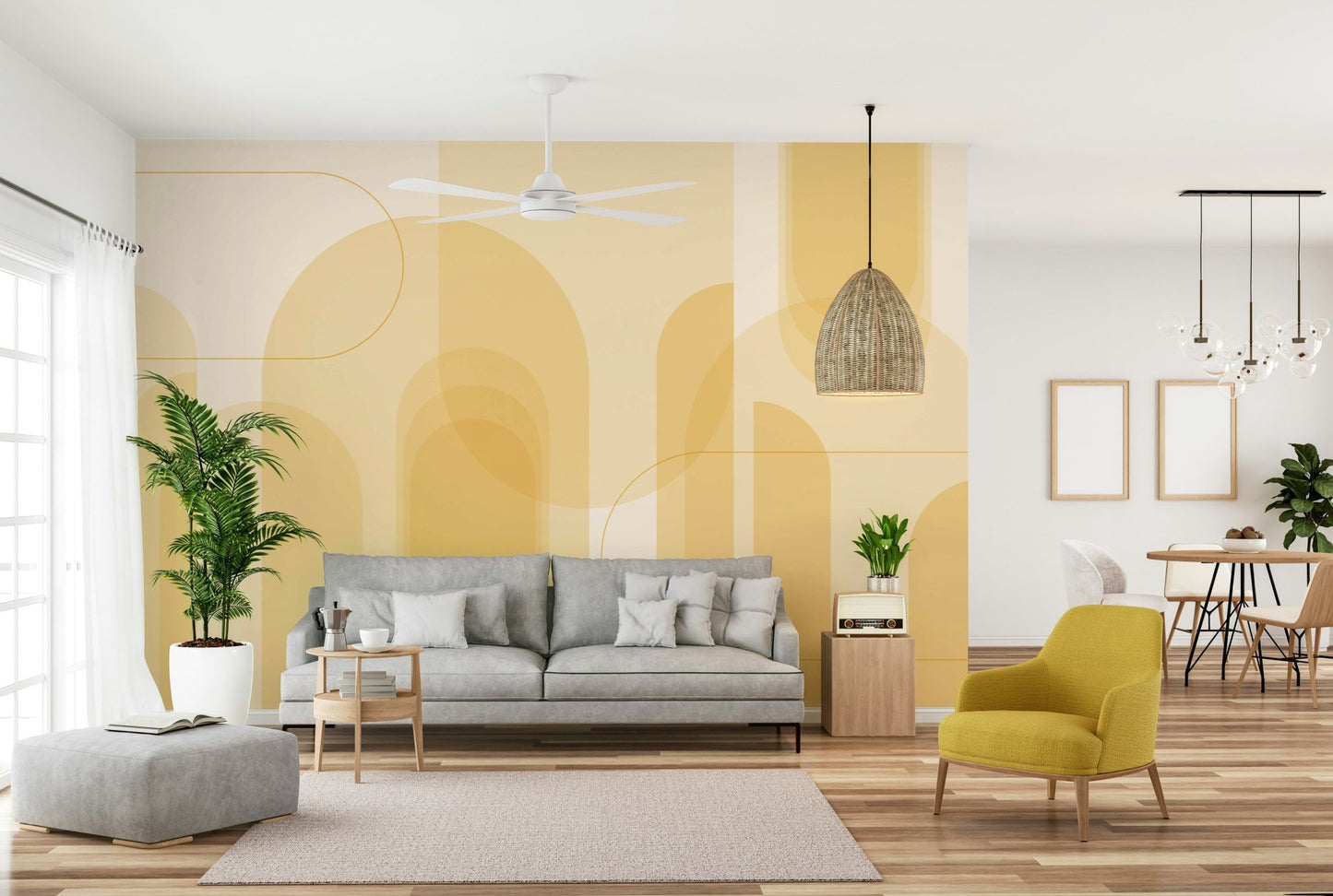 Blush and peach mural wallpaper with arcs
