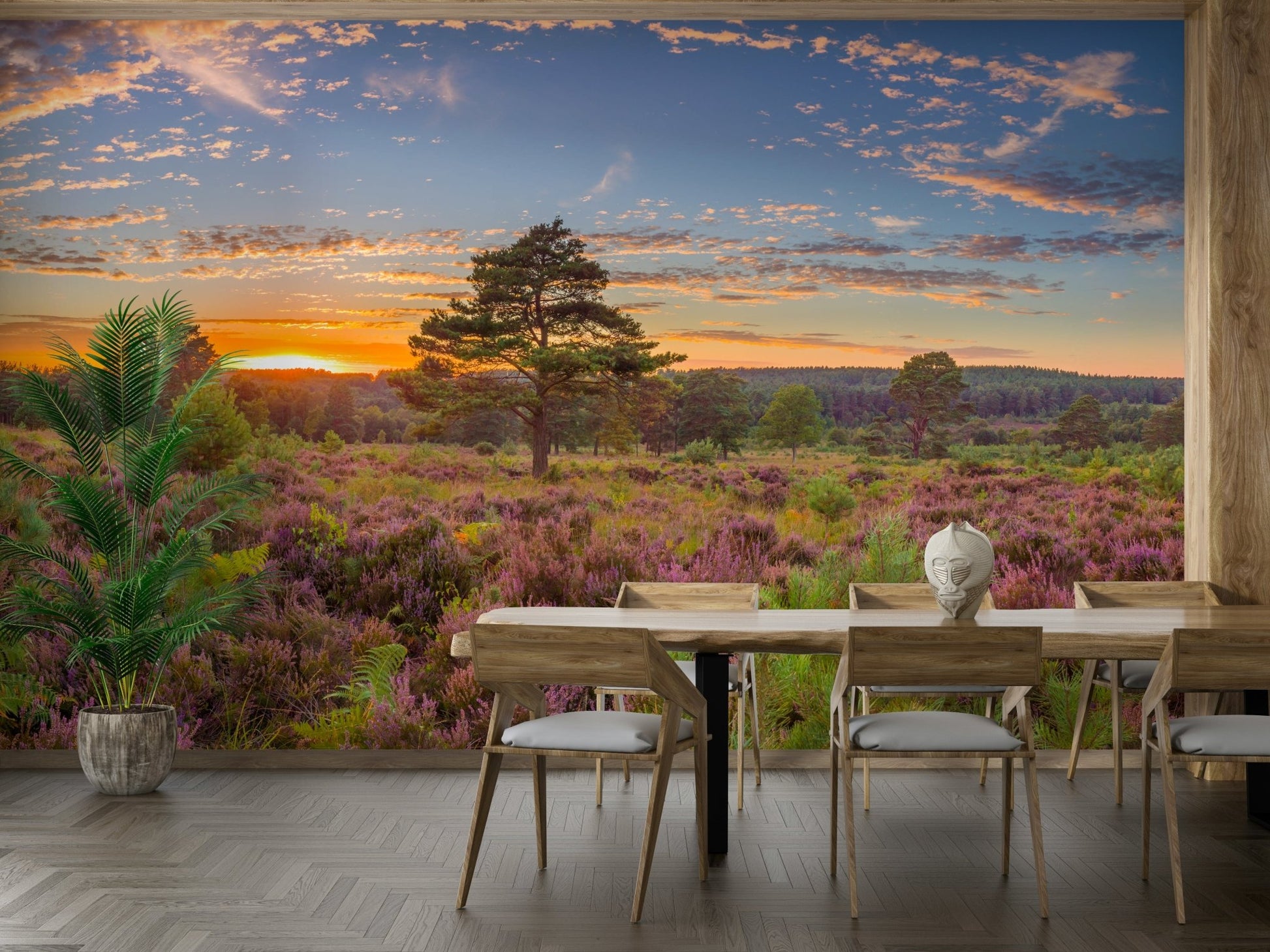 A peaceful wall mural with a field of heather.

