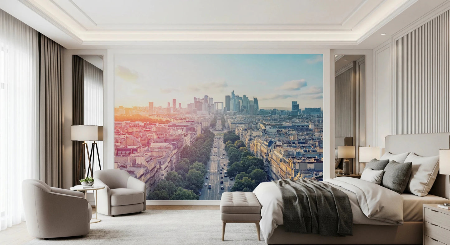 Sunrise Over Paris Wall Mural with an aerial view of a city boulevard