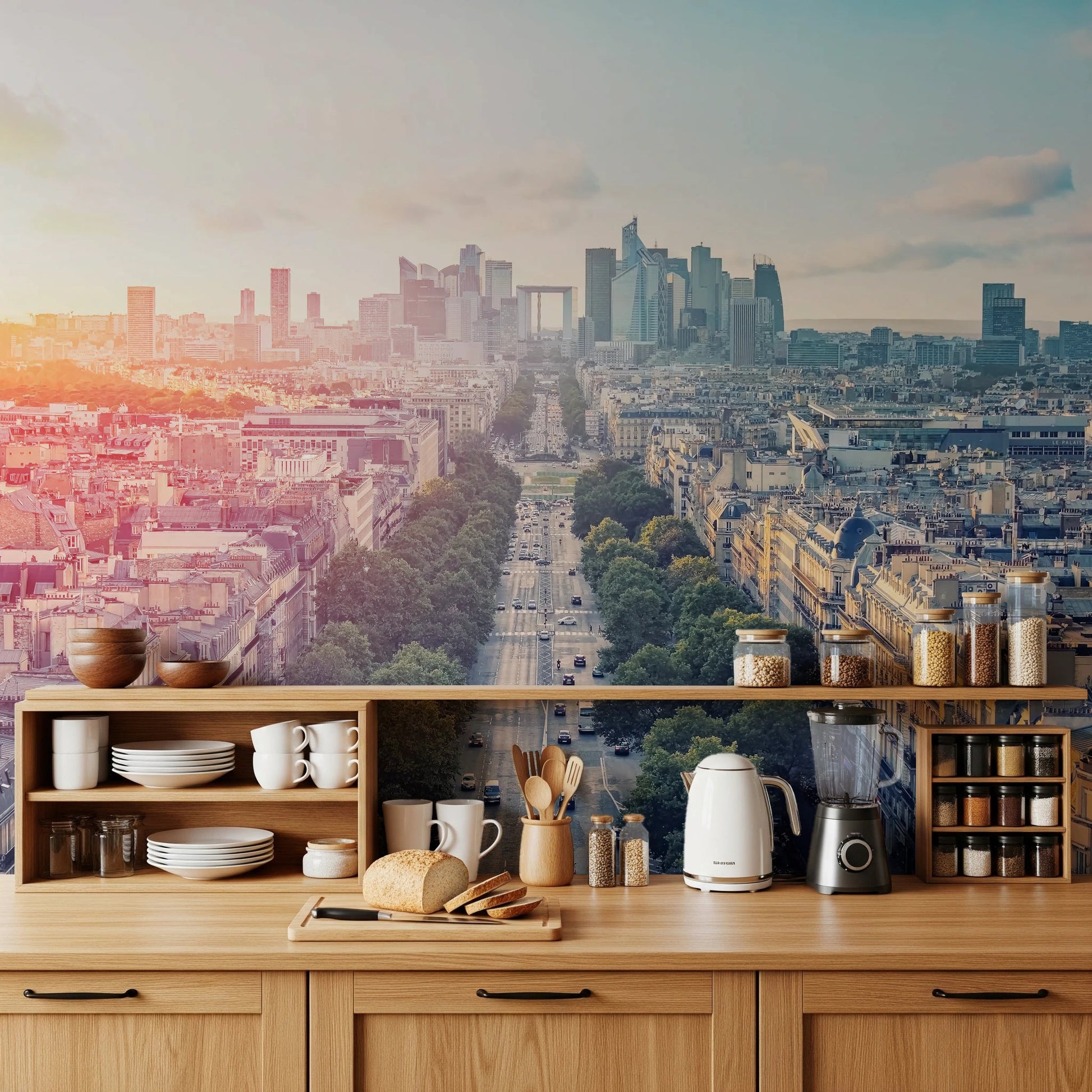 Architectural wall mural capturing an expansive urban morning view
