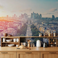 Architectural wall mural capturing an expansive urban morning view