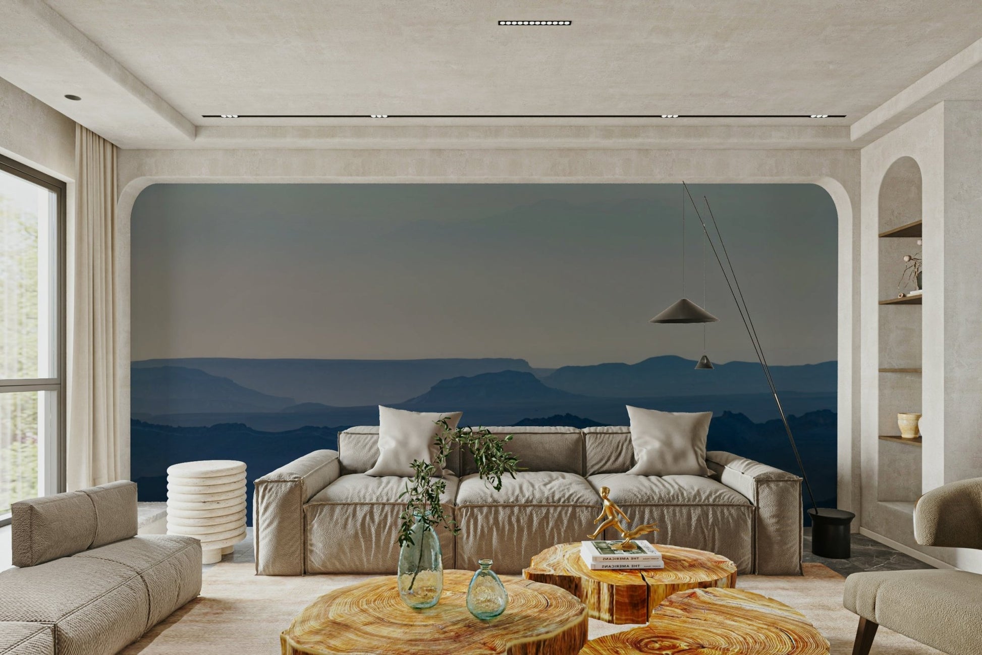 A peaceful crater view mural on decorative wallpaper.

