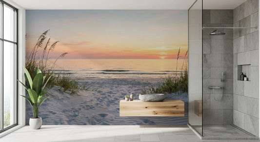 Bathroom with Sunrise Shores Wall Mural showing a soft beach sunrise