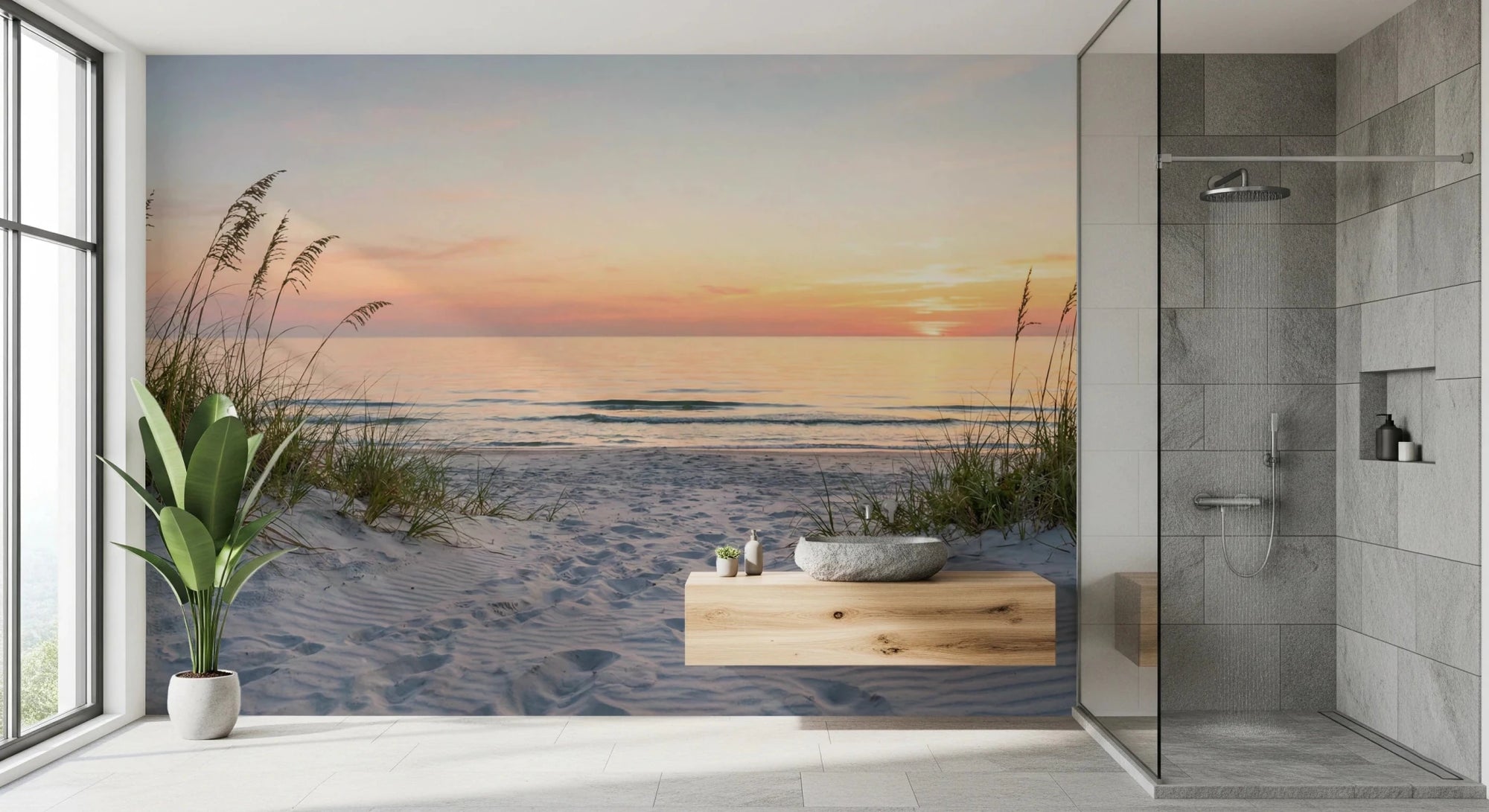 Bathroom with Sunrise Shores Wall Mural showing a soft beach sunrise, GD8505