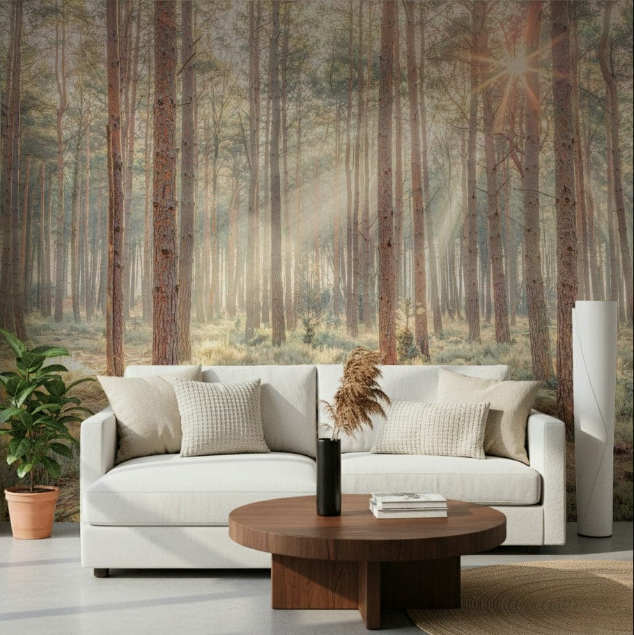 Sunrise's Kiss in the Misty Forest wall mural with pine silhouettes