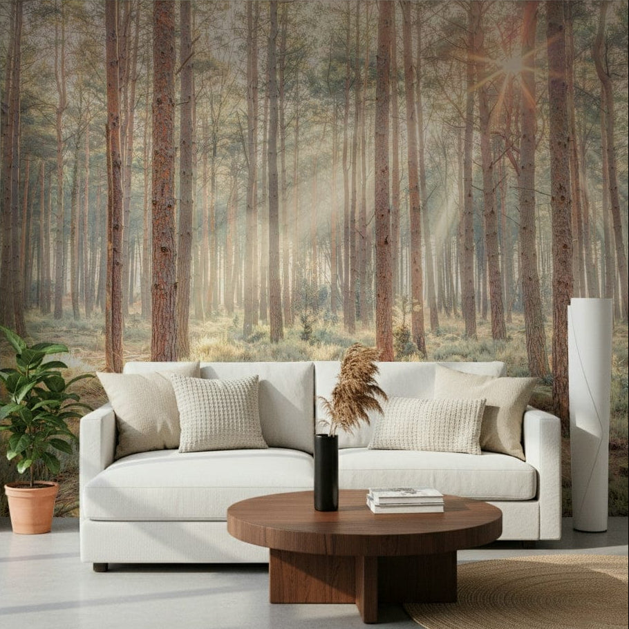 Sunrise's Kiss in the Misty Forest wall mural with pine silhouettes