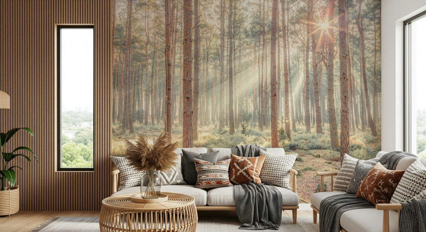 Sunrise mist pine forest wall mural with soft golden light and haze