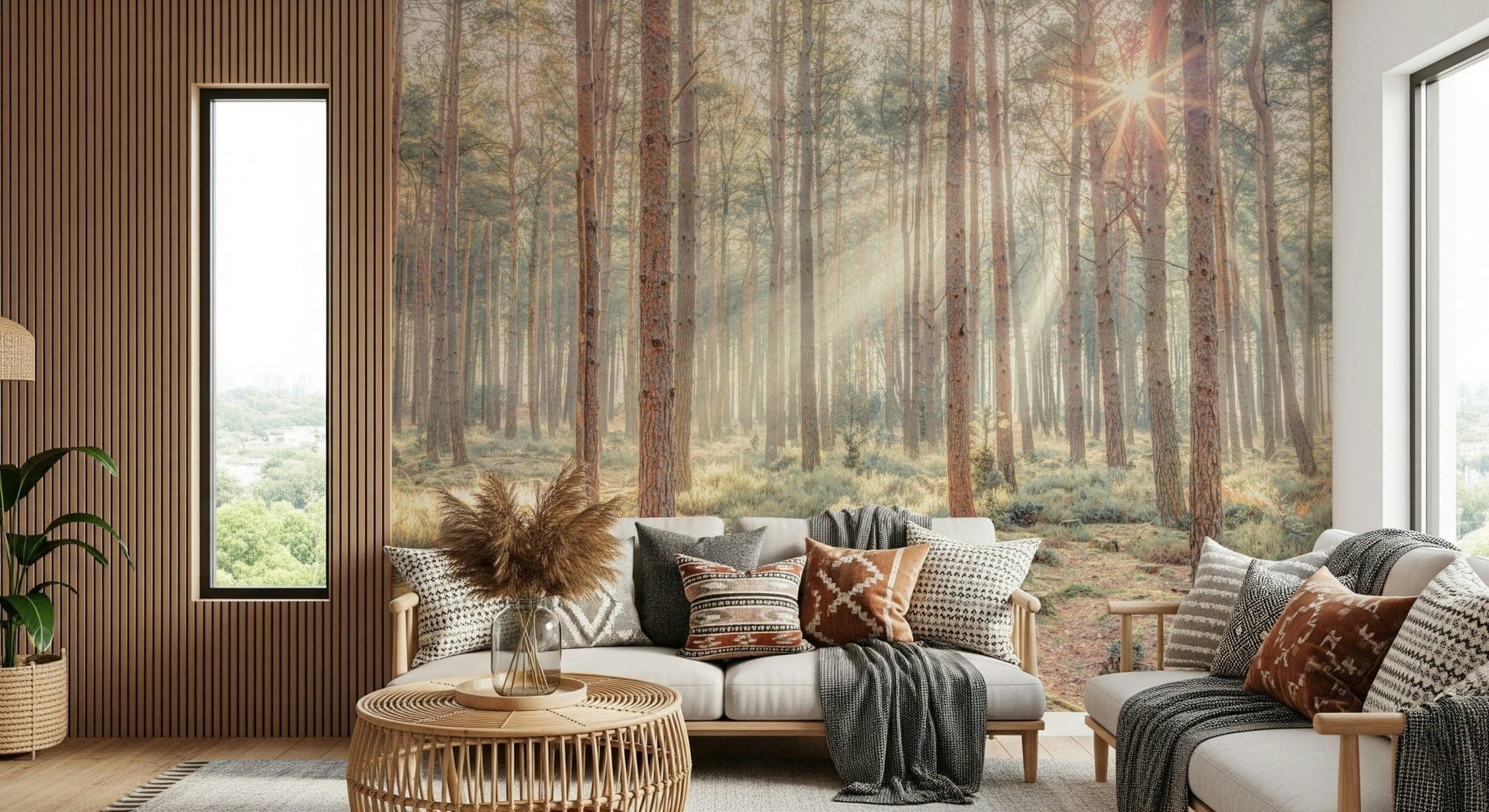 Sunrise mist pine forest wall mural with soft golden light and haze