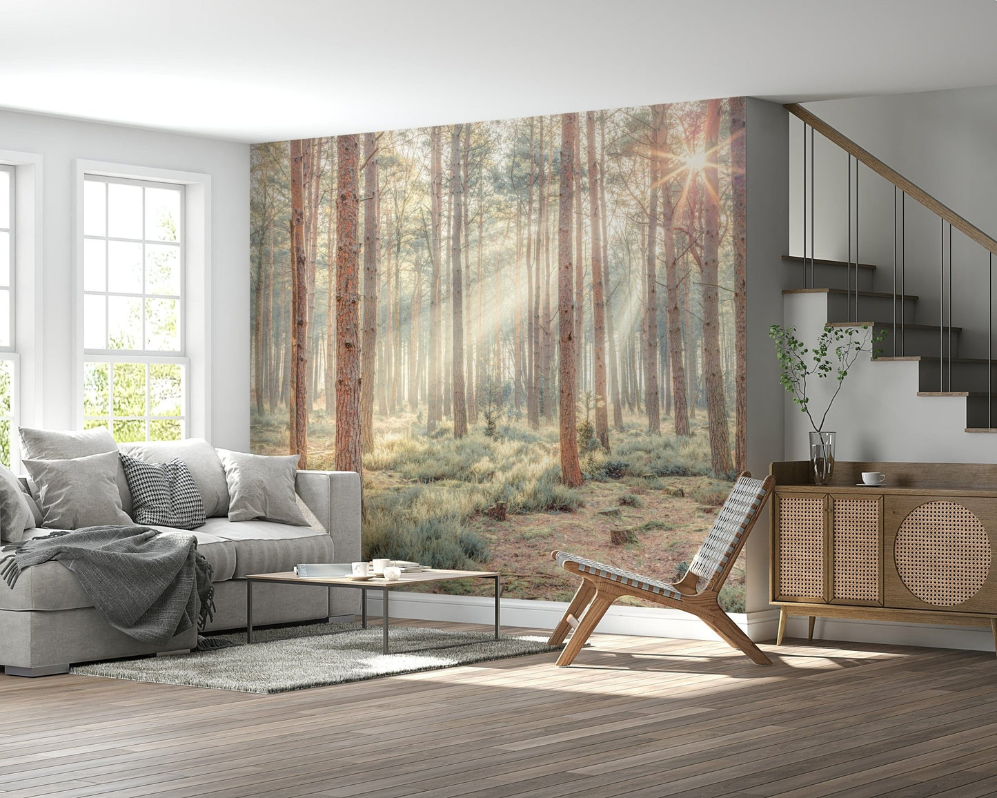 Woodland sunrise wallpaper with light beams and calm neutral palette