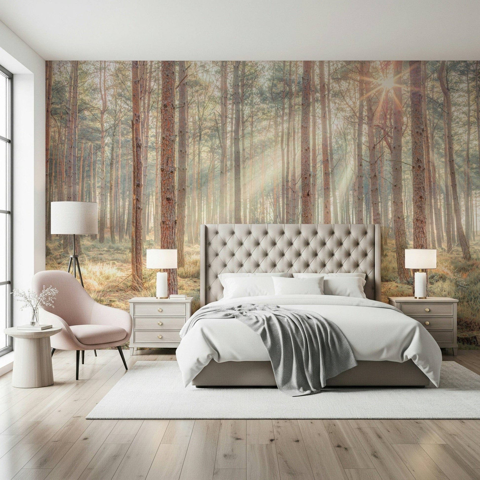 Sun rays through tall trees wallpaper in warm beige and sage tones