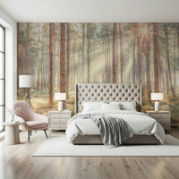 Sun rays through tall trees wallpaper in warm beige and sage tones