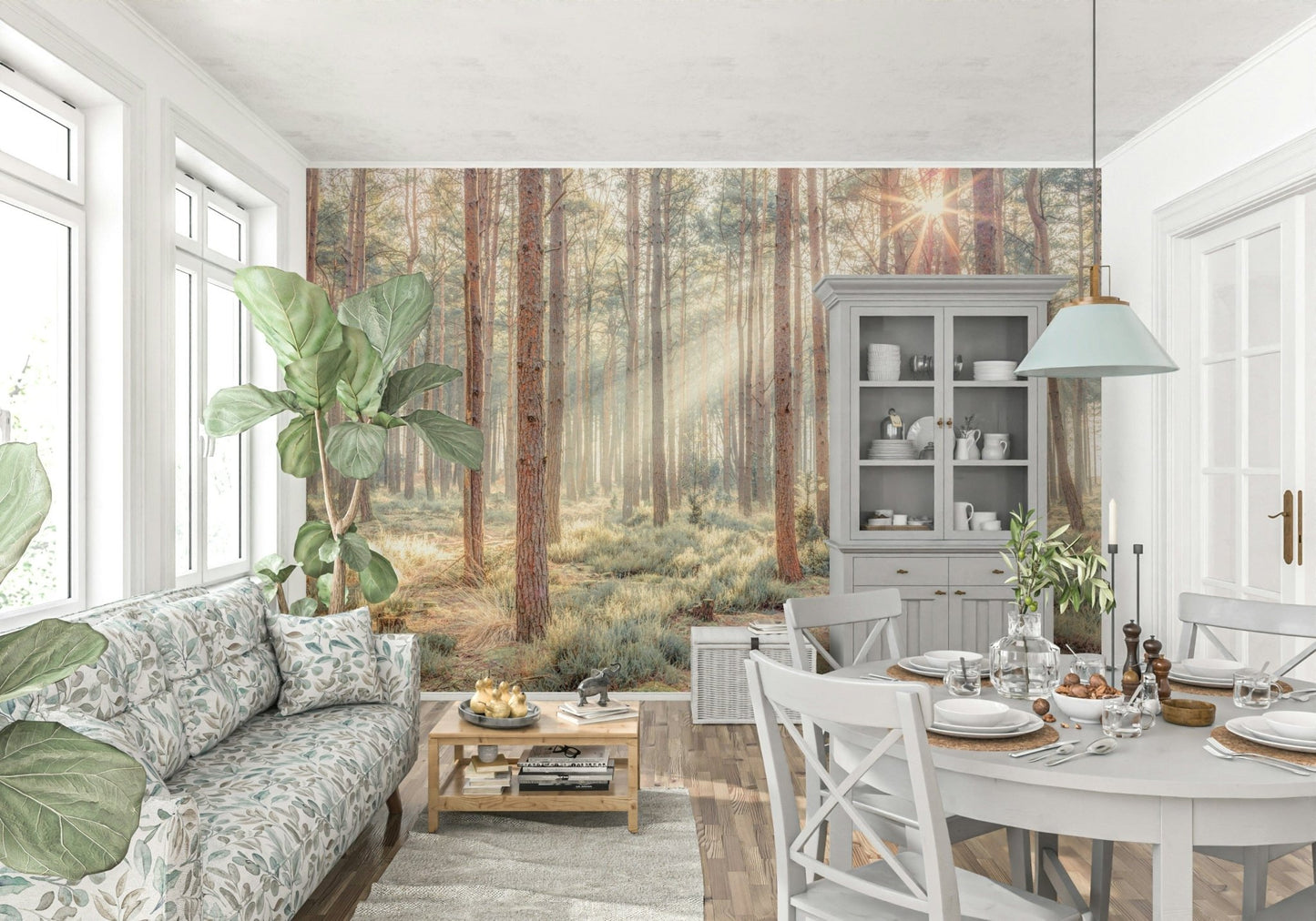 Serene sunlit grove wallpaper with gentle mist and muted colour wash