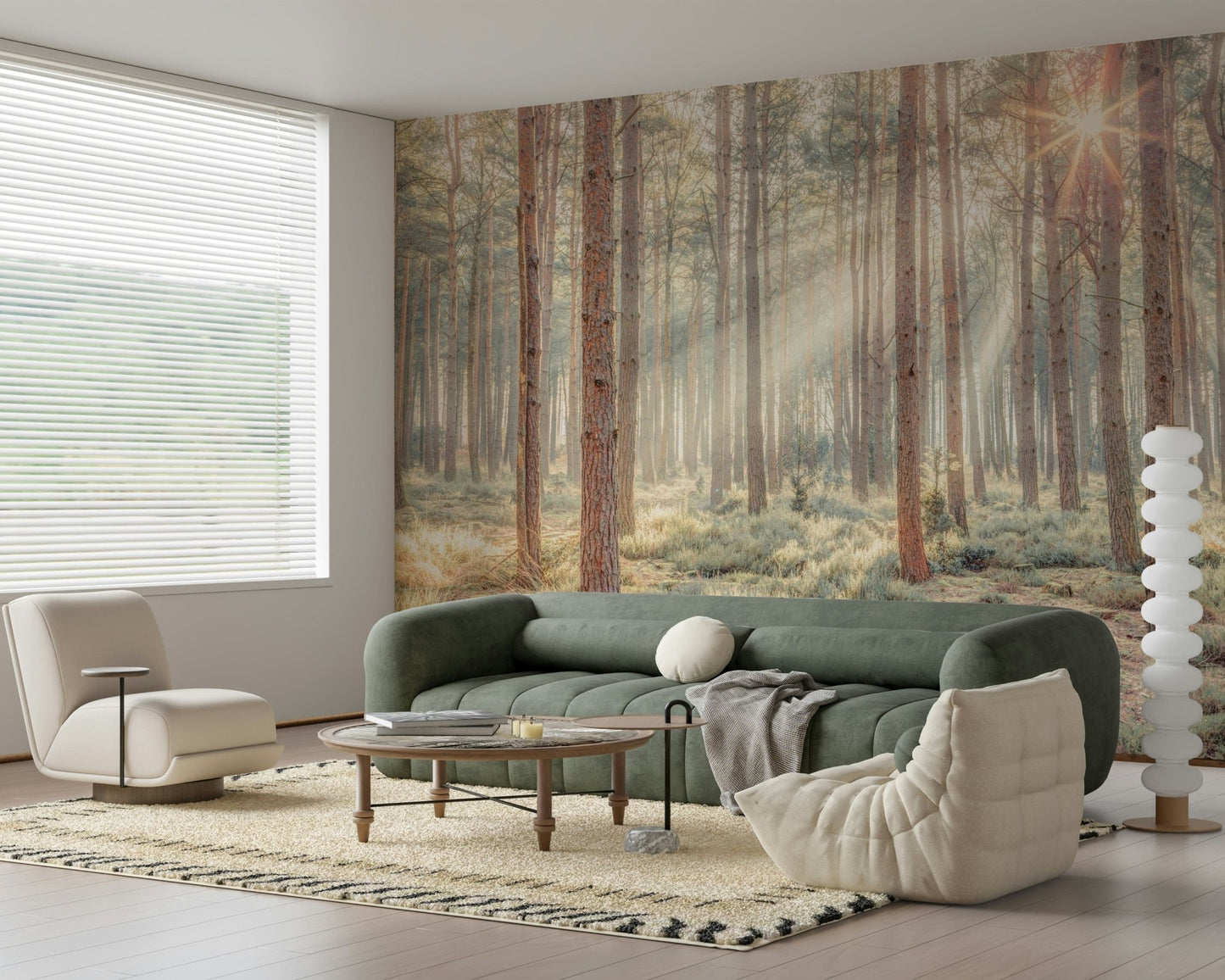 Sunburst through mist wall mural with natural textures and soft tones