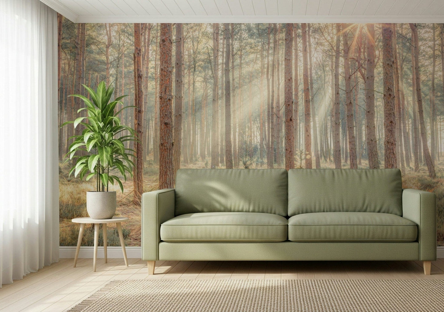 Soft-focus forest wall mural with pastel light and airy atmosphere