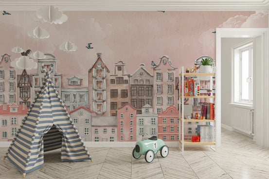 Sunset blush town kids room mural wallpaper, C334
