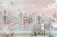Townscape blush wallpaper for kids’ rooms
