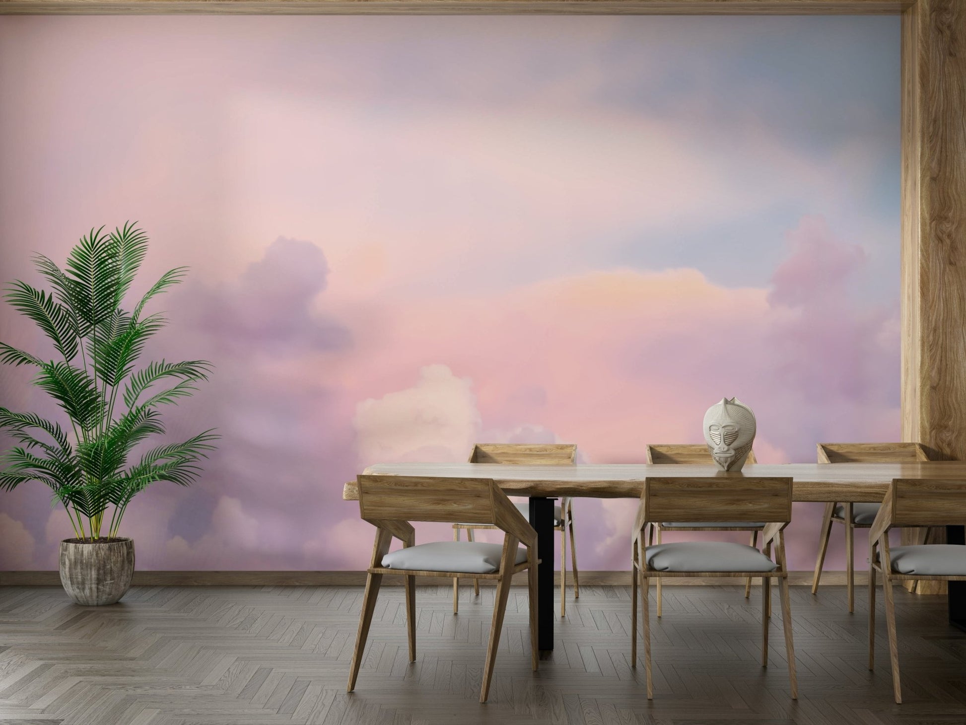 Mural wallpaper with pink and peach clouds

