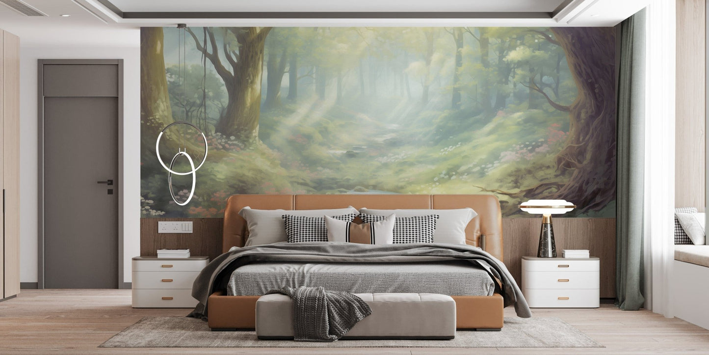 Warm sunset forest wallpaper murals for a cozy, tranquil atmosphere. DTIL47