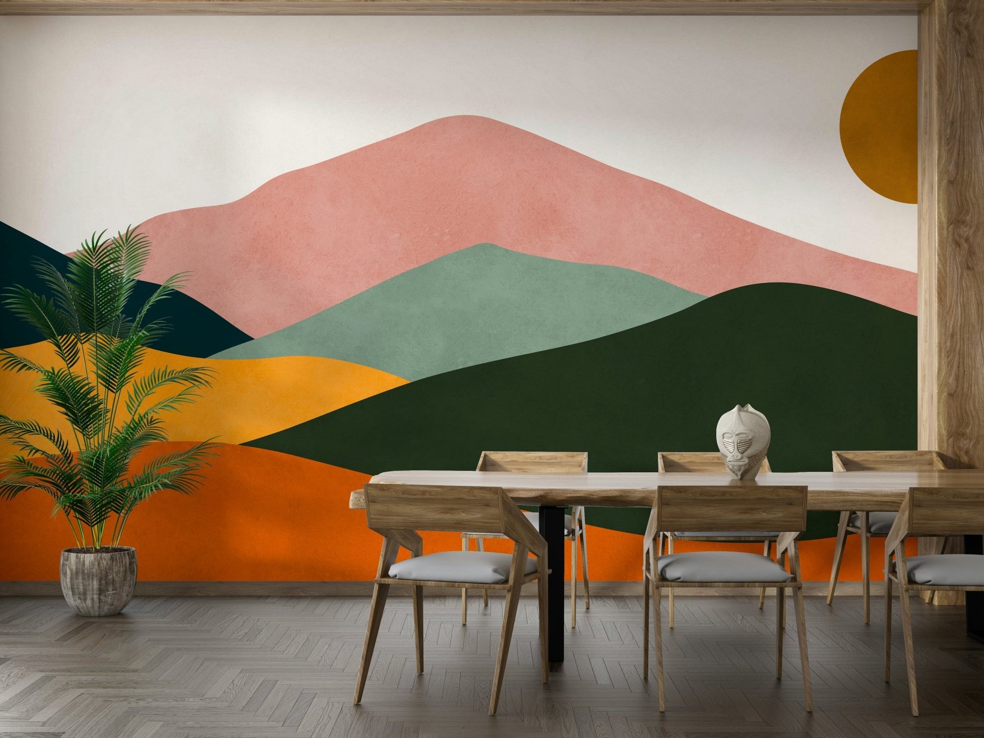 The colors include shades of terracotta, beige, yellow, and subtle pink.

