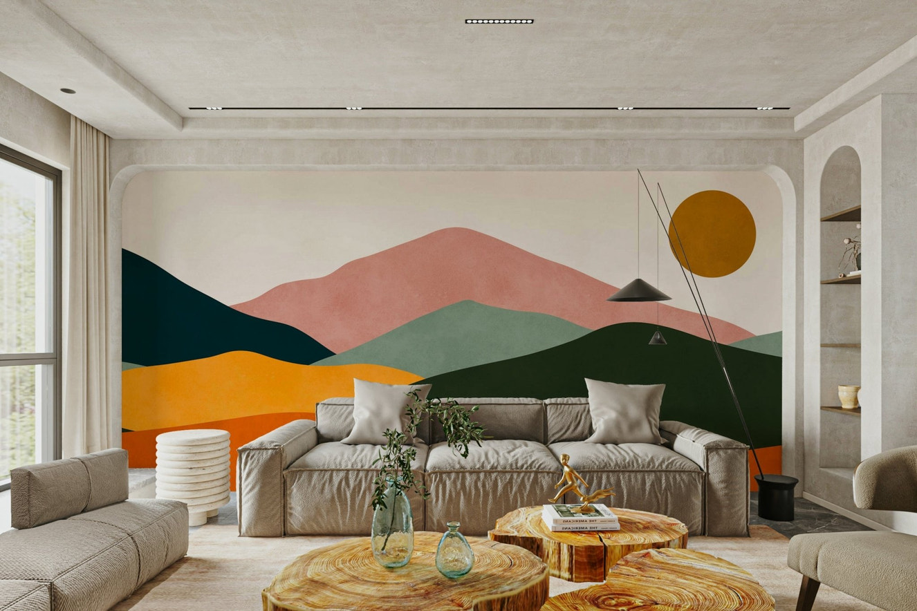 A detailed image of a wall mural with an abstract, layered pattern.

