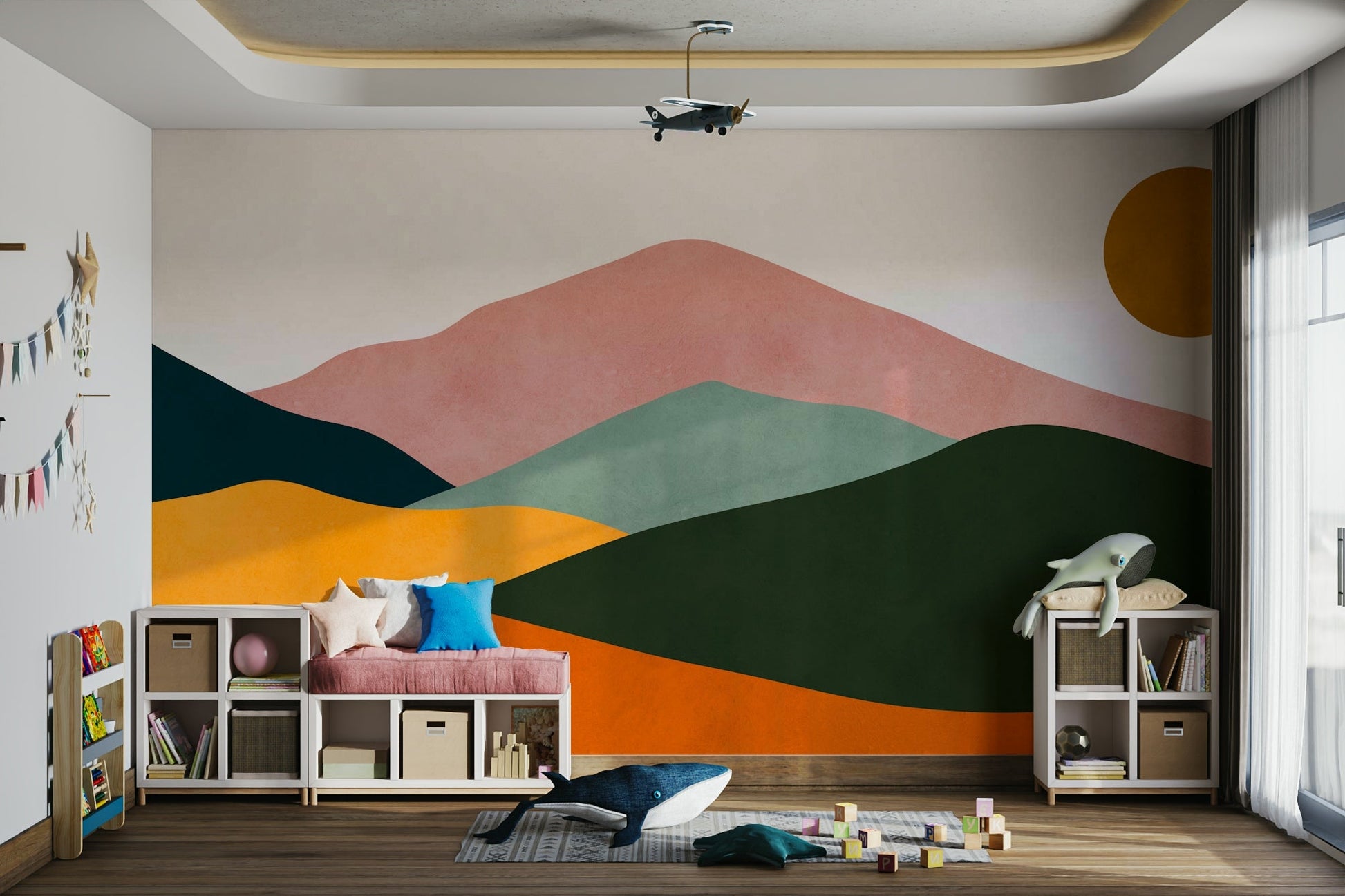 The pattern creates a sense of movement and warmth on the wall.

