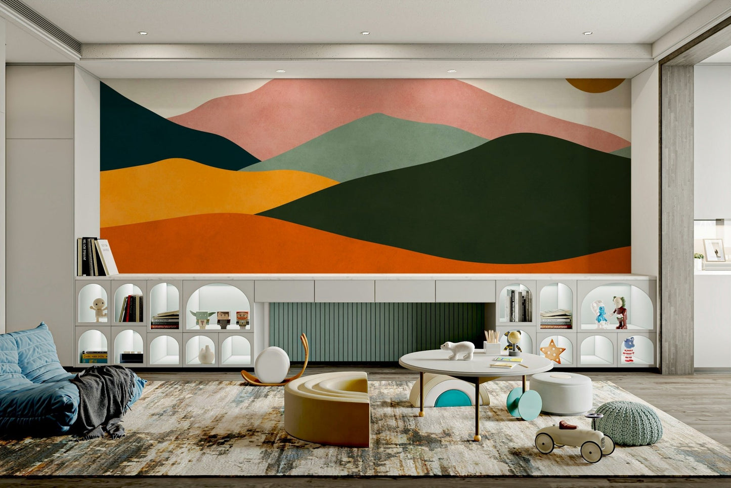 A close-up shot of the layered shapes on the mural.

