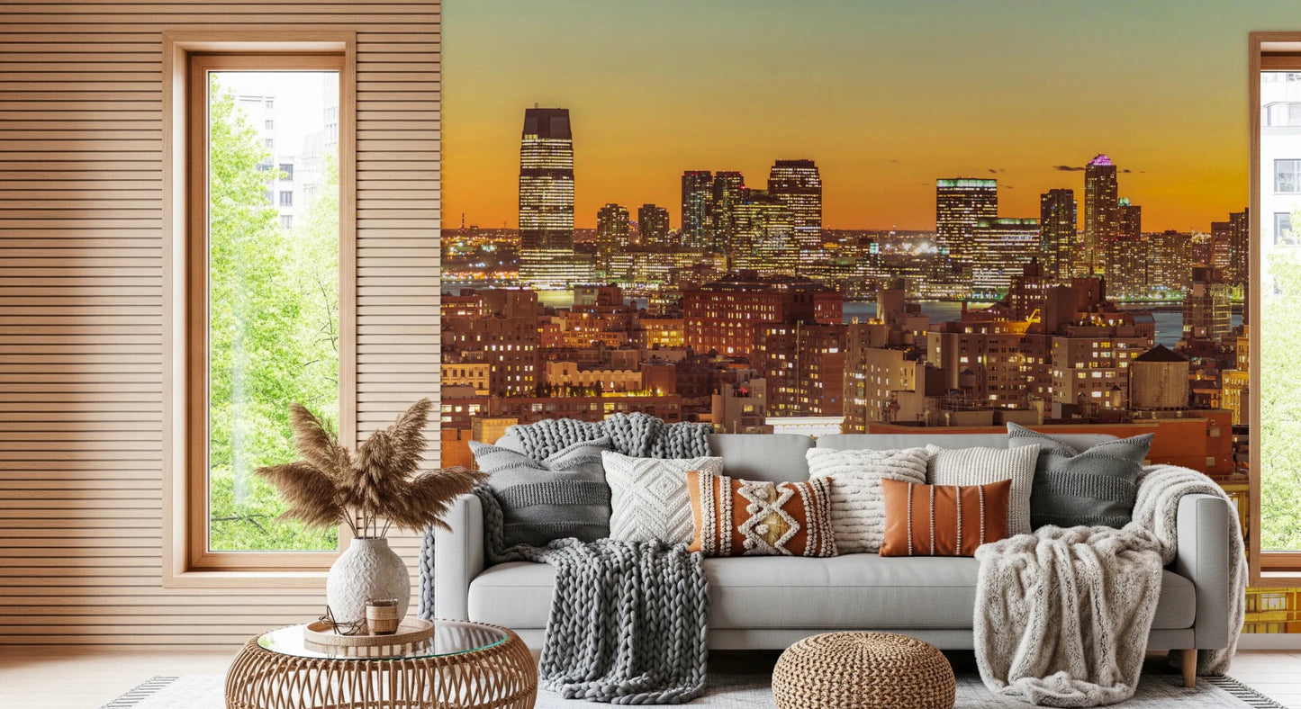 City view wall mural with Sunset Metropolis golden horizon