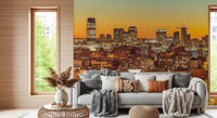 City view wall mural with Sunset Metropolis golden horizon