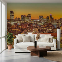 Sunset Metropolis mural with bright towers and warm sunset tone