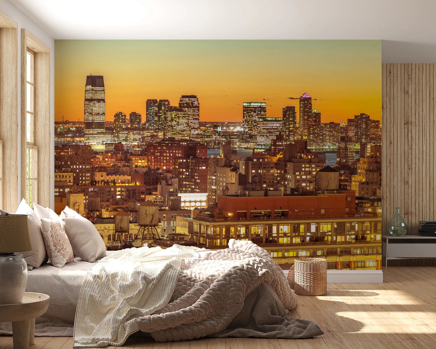 Metropolitan wall mural featuring Sunset Metropolis at sunset