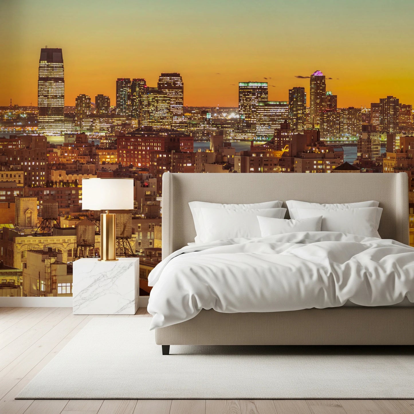 Bedroom space with Sunset Metropolis wall mural skyline view