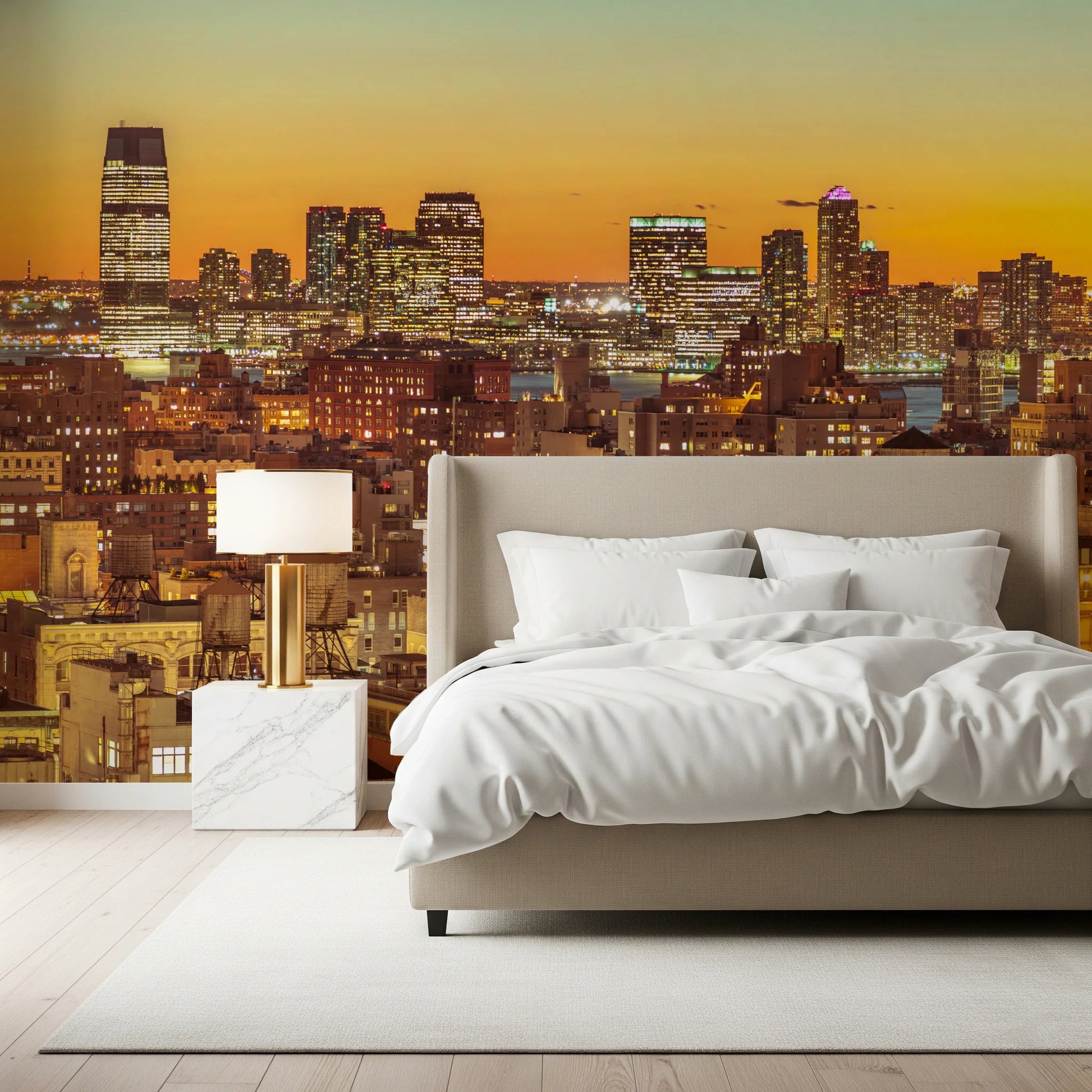 Bedroom space with Sunset Metropolis wall mural skyline view