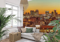 Sunset Metropolis wall mural showing golden sky and cityscape