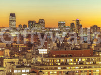 Sunset Metropolis mural with dense buildings and warm light