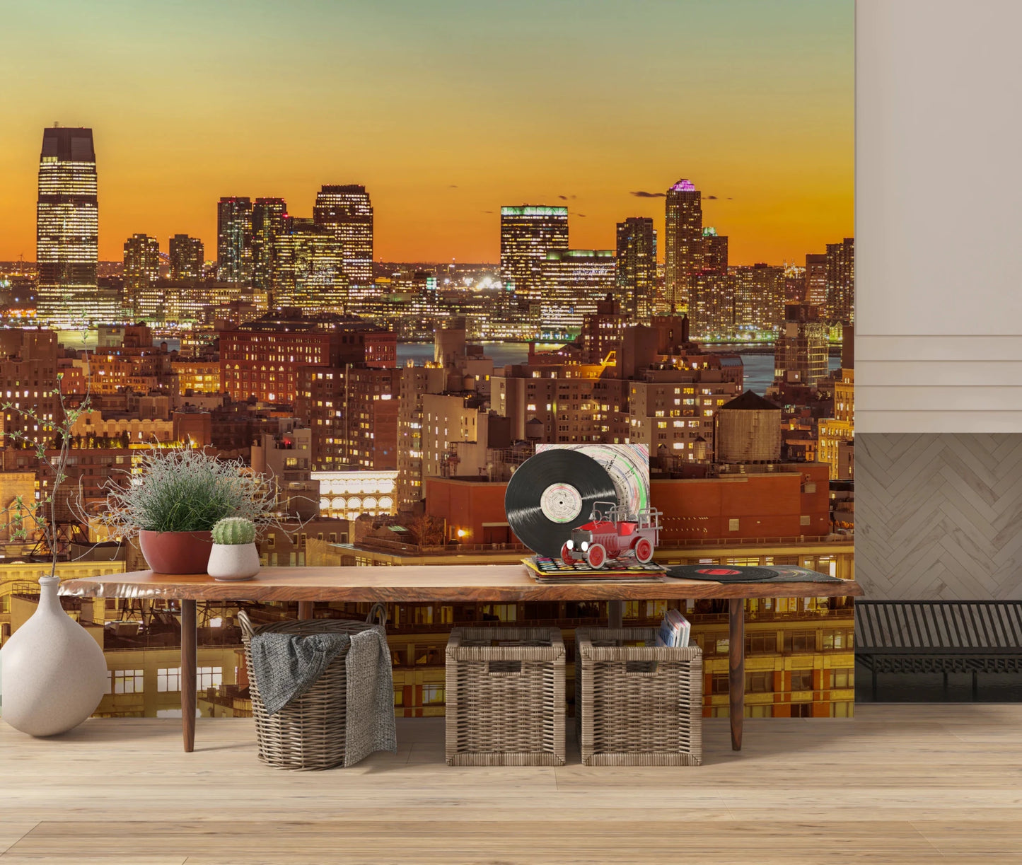 Sunset Metropolis wall mural in rooms with glowing skyline