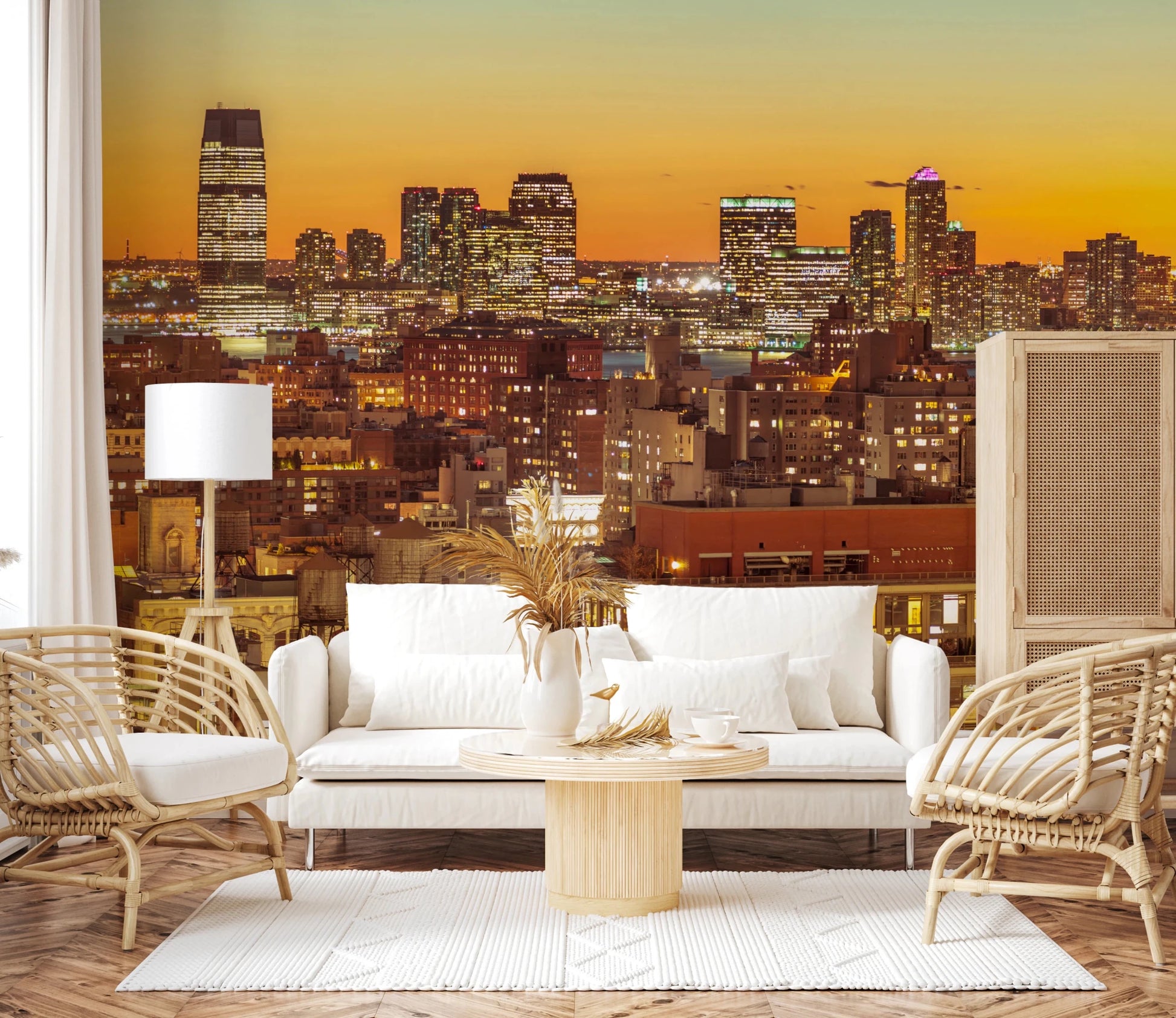 Living room styled with Sunset Metropolis wall mural city lights