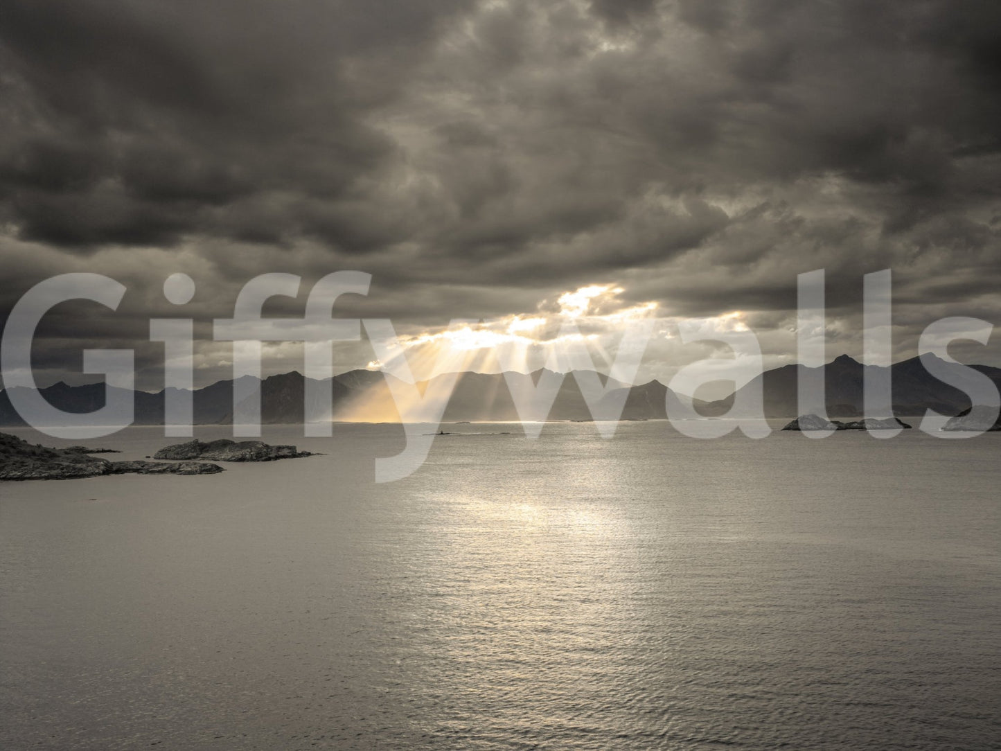 Natural light over mountain silhouettes gives this Sunset Fjord Wall Mural depth