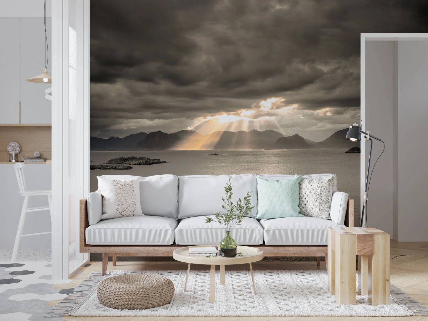 Wide sea view with distant islands and moody sky in a Norwegian wall mural