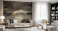 Layered clouds and bright horizon light shape this fjord landscape wall mural