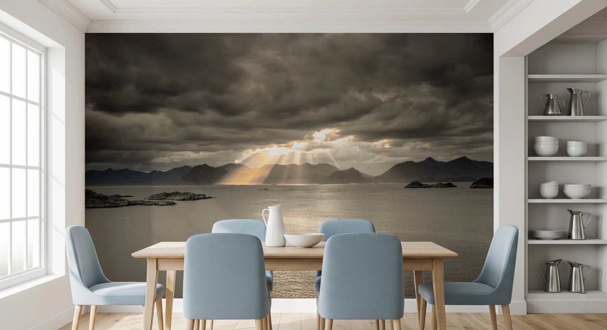 Dark storm clouds frame this Norwegian Fjord Wall Mural above reflective water