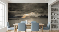 Dark storm clouds frame this Norwegian Fjord Wall Mural above reflective water