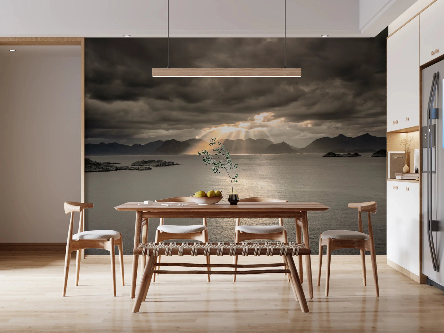Dining room using Sunset Fjord Wall Mural with mountain shoreline scenery