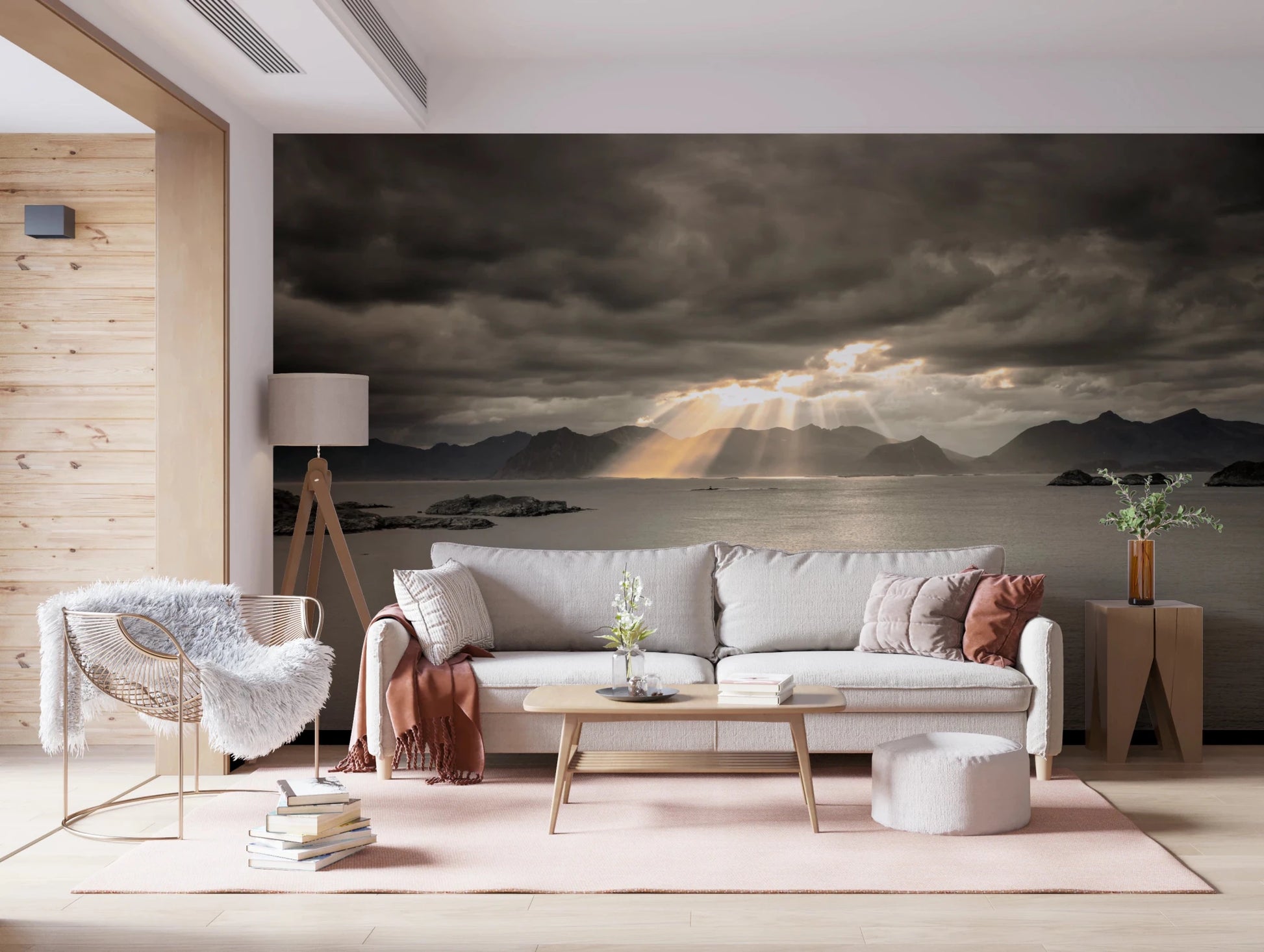 Calm coastal water meets rugged peaks in this Norwegian sunset wall mural