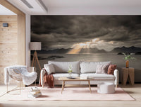 Calm coastal water meets rugged peaks in this Norwegian sunset wall mural