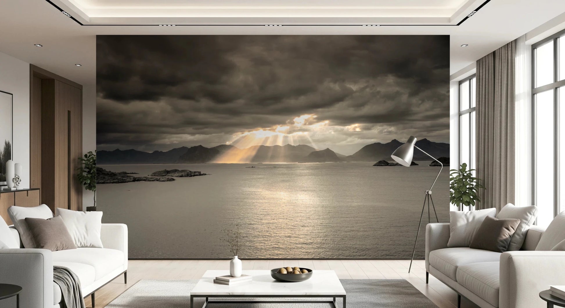 Hallway finished with Norwegian Fjord Wall Mural and sun rays through clouds