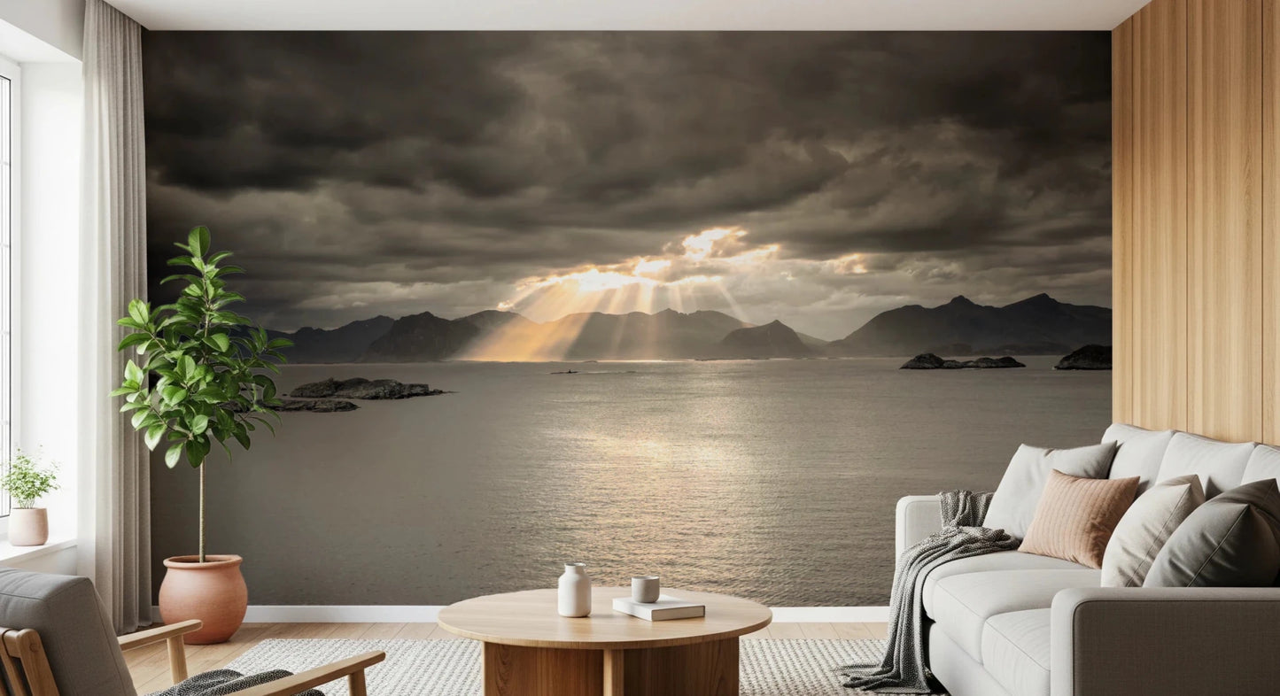 Living room styled with Sunset Norwegian Fjord Wall Mural and dramatic sky