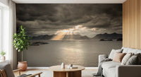 Living room styled with Sunset Norwegian Fjord Wall Mural and dramatic sky